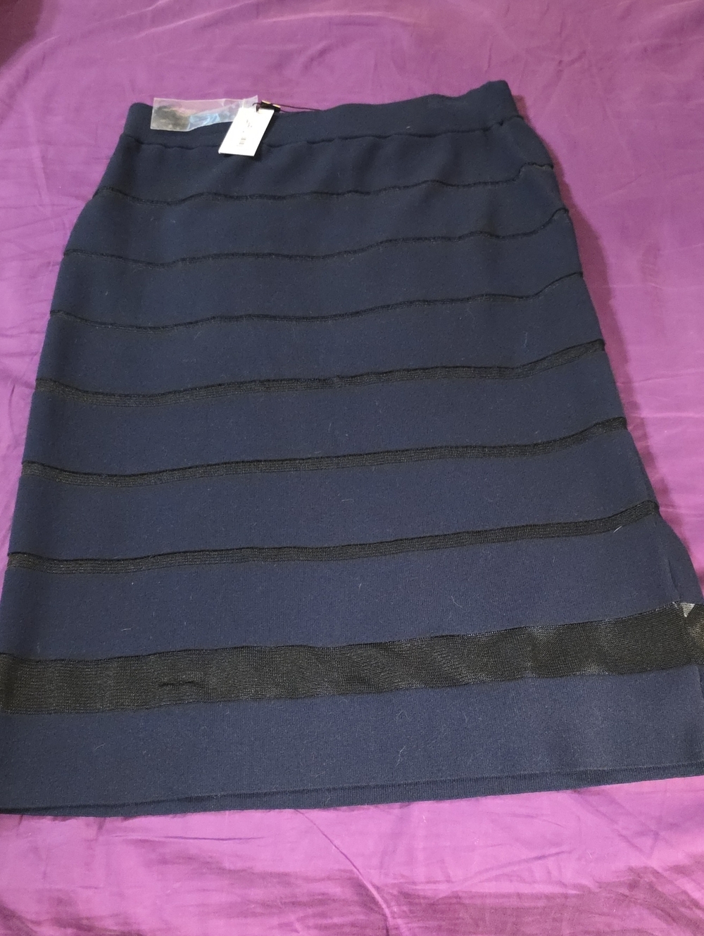 MILLY Navy Pencil Skirt with Black Stripe Bands